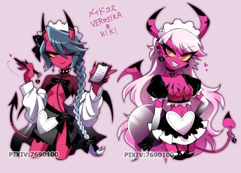 2girls :d ;) arm_at_side black_bow black_choker black_gloves black_horns black_lips black_skirt black_tail black_thighhighs black_wings bow braid braided_ponytail breasts character_name choker cleavage clipboard colored_sclera colored_skin colored_tips commentary_request contrapposto cropped_legs demon_girl demon_horns demon_tail demon_wings ear_piercing earrings elbow_gloves eyelashes eyeshadow facial_mark fang fewer_digits fishnet_top fishnets frilled_sleeves frills garter_straps gloves gradient_gloves gradient_hair grey_background grey_hair grey_skirt grin hair_behind_ear hair_between_eyes hair_bow hand_on_own_hip headdress heart heart_choker heart_earrings heart_facial_mark hellaverse helluva_boss highres holding holding_clipboard holding_pen holding_tray horns inverted_cross_earrings jacket jacket_partially_removed jewelry kiki_(helluva_boss) long_hair long_sleeves looking_at_viewer maid_headdress makeup medium_breasts menattou midriff miniskirt multicolored_hair multicolored_horns multiple_girls navel no_nose one_eye_closed open_clothes open_jacket open_mouth outline paper pen piercing pink_eyes pink_eyeshadow pink_hair pink_horns pink_outline pink_skin pink_tail pink_wings pixiv_id pleated_skirt pointy_ears puffy_long_sleeves puffy_short_sleeves puffy_sleeves red_eyes red_skin short_sleeves side_slit simple_background single_braid skirt slit_pupils small_breasts smile spiked_choker spikes standing swept_bangs tail thighhighs tray tsurime two-tone_gloves two-tone_hair two-tone_horns two-tone_skirt two-tone_tail two-tone_wings underboob v-shaped_eyebrows verosika_mayday very_long_hair white_gloves white_hair white_headdress white_jacket white_skirt wings yellow_sclera zettai_ryouiki