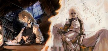 1girl 1other absurdres ariel_(shadow_slave) armor black_gloves black_sclera black_vest blonde_hair cannibalism collared_shirt colored_sclera commentary dress english_commentary gloves head_tilt highres holding holding_pen indoors library logicsterrr multiple_views original pen shadow_slave shirt table vest white_dress white_hair white_shirt writing yellow_blood