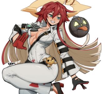 1girl alohapz artist_name belt black_gloves bodysuit breasts broken_halo dorpos gloves green_eyes guilty_gear guilty_gear_strive hair_between_eyes halo highres jack-o&#039;_valentine long_hair medium_breasts multicolored_hair red_hair simple_background solo spiked_halo two-tone_hair white_background white_bodysuit white_hair