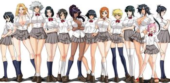 00s 6+girls age_difference arms_behind_back black_hair bleach blonde_hair blush braid breast_suppress breasts cleavage closed_eyes contrapposto crossed_arms crossed_legs dark-skinned_female dark_skin duplicate embarrassed everyone female_focus flat_chest from_behind front_braid front_ponytail full_body glasses hair_ribbon half_updo hand_on_own_hip height_difference high_ponytail hinamori_momo impossible_clothes impossible_shirt inoue_orihime ise_nanao kagami_hirotaka kotetsu_isane kotetsu_kiyone kuchiki_rukia kurotsuchi_nemu kusajishi_yachiru large_breasts lineup long_hair long_legs looking_at_viewer looking_back matsumoto_rangiku microskirt miniskirt multiple_girls no_bra orange_hair pink_hair pleated_skirt ponytail purple_hair ribbon school_uniform shiba_kuukaku shihouin_yoruichi shirt shoes short_hair short_hair_with_long_locks shy simple_background single_braid skirt small_breasts smile socks standing straining_buttons sui-feng taut_clothes taut_shirt thighhighs thighs unohana_retsu very_short_hair watson_cross white_background zettai_ryouiki