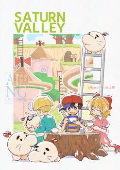 Rule 34 | 1girl, 2boys, baseball bat, baseball cap, black-framed eyewear, black hair, blonde hair, blush, bow, bright pupils, commentary, cup, doseisan, dress, english commentary, glasses, hair bow, haru-cho, hat, highres, holding, holding cup, jeff andonuts, ladder, mother (series), mother 2, multiple boys, ness (mother 2), nintendo, open mouth, paula (mother 2), pink dress, purple eyes, rectangular eyewear, red bow, red hat, red shoes, shirt, shoes, short hair, smile, sneakers, socks, striped clothes, striped shirt, t-shirt, teacup, tree stump, twitter username, white pupils, white socks