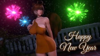 1girl 3d absurdres animal_ears bare_shoulders blazblue bouquetman breasts dress fireworks happy_new_year highres large_breasts makoto_nanaya new_year sleeveless squirrel_ears squirrel_tail tail