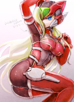 1girl android ass bliss_zero_(mega_man) blue_eyes bodysuit breasts closed_mouth cosplay gloves green_hair helmet kiwakiwa long_hair looking_at_viewer mega_man_(series) mega_man_zero_(series) pun simple_background solo svc_chaos very_long_hair zero(z)_(mega_man) zero_(mega_man) zoids zoids_wild zoids_wild_zero