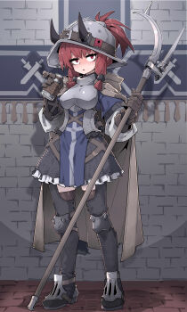 1girl absurdres armor breasts castle gloves helmet highres imazawa indoors medium_breasts original polearm red_eyes red_hair skirt spear thighhighs warrior weapon zettai_ryouiki
