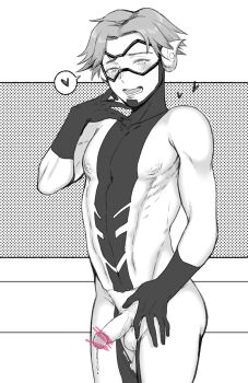 1boy blush erection goggles highres kid_flash kiricloud male_focus monochrome nipples penis solo tagme testicles torn_clothes
