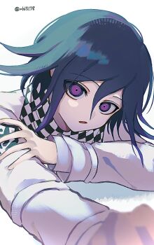 Rule 34 | 1boy, arm belt, black hair, checkered clothes, checkered scarf, commentary request, danganronpa (series), danganronpa v3: killing harmony, flipped hair, foreshortening, hair between eyes, hand on own arm, highres, long sleeves, looking at viewer, male focus, medium hair, oguma (ogm), oma kokichi, open mouth, purple eyes, purple hair, scarf, short hair, simple background, solo, twitter username, two-tone scarf, upper body, white background