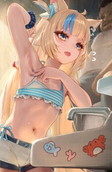 1boy 1girl ahoge animal_ears armpit_focus armpits bikini bikini_under_clothes blonde_hair blue_bikini blue_bow blue_eyes blue_hair blue_nails blue_sailor_collar blunt_bangs bow cat_ears commentary commission dress english_commentary fang flat_chest flying_sweatdrops frilled_bikini frilled_sailor_collar frills hair_bow highres indie_virtual_youtuber indoors lifebuoy_hair_ornament long_hair low_twintails multicolored_hair nail_polish one_side_up open_mouth padoruu partially_unbuttoned presenting_armpit sailor_collar sailor_dress sameko_saba scrunchie shorts sleeveless sleeveless_dress solo_focus spread_armpit streaked_hair striped_bikini striped_clothes swimsuit twintails very_long_hair virtual_youtuber white_dress white_hair white_shorts wrist_scrunchie