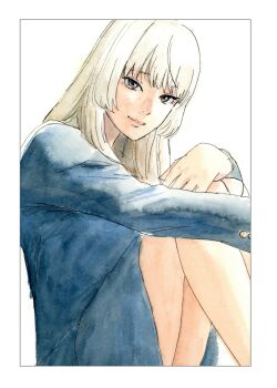 1other blonde_hair border brown_eyes feet_out_of_frame highres hugging_own_legs looking_at_viewer muroda_kei official_art okaeri_alice oshimi_shuuzou other_focus school_uniform simple_background sitting smile solo white_background white_border