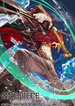 1boy abs coat commentary_request copyright_name dracule_mihawk egawa_akira facial_hair floating_clothes hat_feather holding holding_sword holding_weapon looking_at_viewer male_focus mustache official_art one_piece one_piece_card_game open_clothes open_coat solo sword water weapon