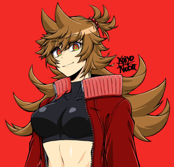 Rule 34 | 1girl, alternate costume, animification, antenna hair, black shirt, breasts, brown hair, commentary, crop top, eddsworld, flipped hair, green eyes, hair bobbles, hair ears, hair ornament, hashtag-only commentary, highres, jacket, kaiyo noba, large breasts, long hair, long sleeves, looking at viewer, midriff, multicolored eyes, navel, open clothes, open jacket, red background, red eyes, red jacket, shirt, signature, simple background, skin tight, smile, solo, thick lineart, tori (eddsworld), upper body