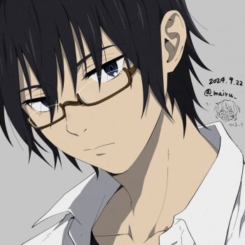 1boy black_hair blue_eyes boku_dake_ga_inai_machi closed_mouth collarbone collared_shirt commentary_request expressionless fujinuma_satoru glasses grey_background looking_at_viewer mairu_(582284310) male_focus rectangular_eyewear shirt short_hair simple_background solo twitter_username white_shirt