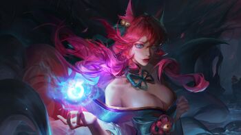 absurdres ahri_(league_of_legends) animal_ear_fluff animal_ears artist_request bell blue_kimono blue_tail breasts cleavage ear_bell facial_mark fox_ears fox_girl fox_tail hair_bell hair_ornament highres holding_orb japanese_clothes kimono kitsune kyuubi league_of_legends league_of_legends:_wild_rift long_hair low_neckline multiple_tails orb pink_hair spirit_blossom_(league_of_legends) spirit_blossom_ahri tagme tail whisker_markings