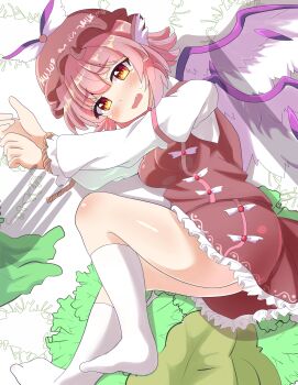 1girl absurdres animal_ears bird_ears blush bound bound_wrists breasts brown_dress commentary_request dress fang fork frilled_skirt frills highres kneehighs knife lettuce long_sleeves looking_at_viewer lying mystia_lorelei on_side open_mouth pink_hair rope schinfaxi1996 shadow skirt socks solo tearing_up textless_version touhou white_socks winged_hat wings