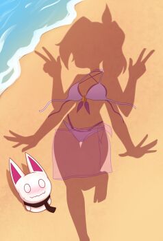 Rule 34 | 1girl, absurdres, artist self-insert, beach, bikini, blush, closed mouth, commentary, double v, dressed shadow (meme), english commentary, extra arms, from above, hand puppet, highres, implied nudity, looking up, meme, nelly (xyronii), original, outdoors, pointy ears, ponytail, puppet, purple bikini, purple sarong, sarong, shadow, standing, standing on one leg, swimsuit, unworn bikini, unworn sarong, v, xyronii