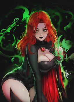 1girl absurdres arialla_draws breasts cleavage closed_mouth commentary english_commentary goblin_queen_(marvel) green_eyes highres large_breasts long_hair marvel marvel_rivals red_hair signature smile solo