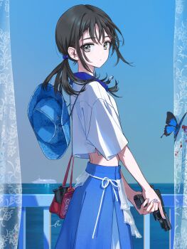 1girl bug butterfly crop_top gun hat insect ocean original school_uniform serafuku ship short_sleeves standing tiv watercraft weapon