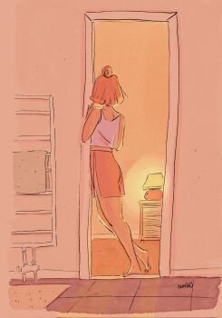 Rule 34 | 1girl, carpet, commentary, contrapposto, doorway, english commentary, hair bun, heater, highres, indoors, lamp, medium hair, nightstand, orange hair, orange skirt, original, shirt, skirt, sleeveless, sleeveless shirt, solo, thefaune, tile floor, tiles, towel, white shirt