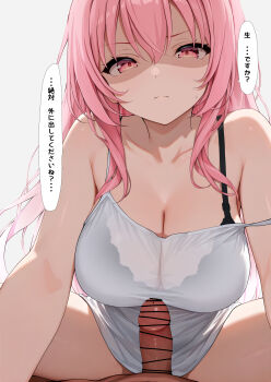 1boy 1girl absurdres aogiri_koukou bar_censor black_bra bra breasts camisole censored cleavage closed_mouth commentary_request erection gabu_rielu girl_on_top grey_background hair_between_eyes highres large_breasts otokucha penis pink_eyes pink_hair see-through_camisole see-through_clothes simple_background solo_focus speech_bubble translation_request underwear virtual_youtuber white_camisole