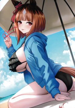 1girl :p absurdres animal_ears ass bare_shoulders beach bikini bikini_under_clothes black_bikini blue_jacket blunt_bangs bow breasts brown_hair cloud day ear_ribbon herohero_(higashi_no_dou) highres holding holding_removed_eyewear horse_ears horse_girl horse_tail jacket large_breasts long_sleeves looking_at_viewer medium_hair non-web_source ocean outdoors parasol red_eyes red_ribbon ribbon ruffle_bikini scan sideboob sitting solo swimsuit tail third-party_source tongue tongue_out transcend_(umamusume) umamusume umbrella unworn_eyewear wariza