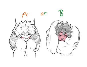 Rule 34 | a or b (meme), aneclipseatdusk, bakudeku, bakugou katsuki, blush, boku no hero academia, freckles, head between legs, legs, meme, midoriya izuku, muscular, shirt, shorts, sitting, smile, struggling, yaoi