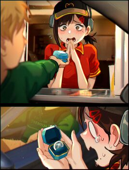 1boy 1girl absurdres baseball_cap black_hat blank_eyes blonde_hair blush brown_hair chainsaw_man condom employee_uniform flying_sweatdrops green_hoodie hair_ornament hairclip hat headset higashiyama_kobeni highres hood hoodie mole mole_under_eye open_mouth red_shirt ring_box shirt snegovski tearing_up