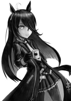 Rule 34 | 1girl, animal ears, animal print, belt, black gloves, blunt ends, cat print, closed mouth, coat, collared shirt, commentary request, cup, ear ornament, ear tag, earrings, gloves, hair over one eye, hand up, hem peeking out, highres, holding, holding cup, horse ears, horse girl, horse tail, jewelry, long bangs, long hair, long sleeves, manhattan cafe (umamusume), mug, necktie, open clothes, open coat, pantyhose, pleated skirt, shirt, simple background, single earring, skirt, smile, solo, split mouth, tail, tono-fantasy, umamusume, very long hair, vest, white background