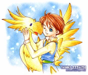 Rule 34 | 1boy, 2001, artist name, bad id, bartz klauser, bird, blue eyes, blue tunic, boco, brown hair, chocobo, commentary request, final fantasy, final fantasy v, long sleeves, lowres, milestone celebration, one eye closed, saikachi (ogre tree), short hair, smile, thank you, tunic, yellow bird