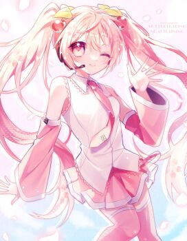 1girl arm_tattoo bare_shoulders blush boots breasts cherry_hair_ornament closed_mouth collared_shirt commentary_request detached_sleeves floral_print flower food-themed_hair_ornament hair_between_eyes hair_ornament hatsune_miku headset highres hitosazi0000 long_hair long_sleeves looking_at_viewer medium_breasts miniskirt necktie number_tattoo official_alternate_costume one_eye_closed pink_eyes pink_hair pink_necktie pink_skirt pleated_skirt sakura_miku shirt skirt sleeveless sleeveless_shirt smile solo tattoo thigh_boots tie_clip twintails very_long_hair vocaloid white_trim wide_sleeves