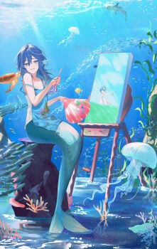 1girl absurdres apron aqua_tail blue_apron blue_hair commentary_request coral fins fish head_fins highres holding holding_paintbrush jellyfish jenmin12 long_hair merfolk mermaid monster_girl original paintbrush painting_(action) painting_(object) scales school_of_fish shark sitting solo turtle underwater