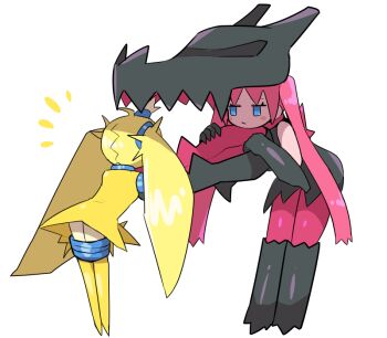 2girls black_dress blonde_hair blue_eyes blush_stickers colored_skin commentary drago_(kasugai_(de-tteiu)) dress eleki_(kasugai_(de-tteiu)) fake_mouth gen_8_pokemon jaws kasugai_(de-tteiu) legendary_pokemon multiple_girls nintendo personification pink_skin pokemon red_hair regidrago regieleki twintails white_background yellow_dress yellow_skin