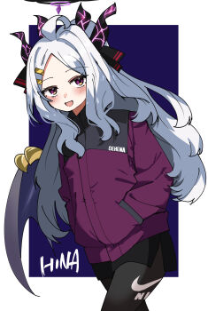 1girl absurdres ahoge black_halo blue_archive breasts demon_girl demon_horns demon_wings halo highres hina_(blue_archive) horns long_hair looking_at_viewer low_wings nike_(company) purple_eyes simple_background small_breasts solo very_long_hair white_hair wings winter_uniform zono_(inokura_syuzo029)