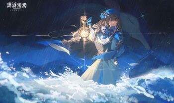 Rule 34 | 1girl, absurdres, anchor hat ornament, beret, blue eyes, blue hat, blue scarf, book, brown hair, chinese commentary, commentary request, copyright name, dark background, dress, hands up, hat, hat ornament, highres, holding, holding book, holding lantern, kashima (bianjing baopo), lantern, logo, long hair, looking to the side, marcus (reverse:1999), open book, rain, reverse:1999, scarf, solo, upper body, wading, water, white dress