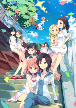 against_railing bare_legs bare_shoulders black_hair blonde_hair brown_hair cloud cloudy_sky confetti dress flying glasses holding_another&#039;s_arm jacket jewelry leaning_on_person long_hair looking_over_shoulder mole multiple_girls necklace necktie open_mouth orange_eyes original pig_tail pink_eyes pink_hair ponytail railing red_eyes red_necktie red_ribbon red_shoes ribbon sandals shoes short_hair sitting sky smile sparkle stairs standing summer sundress tail tree wand witch_broom yu-ki_takasaki yuri