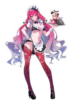 1girl absurdres apron baobhan_sith_(fate) bikini black_bikini breasts cernunnos_(fate) fate/grand_order fate_(series) full_body hand_on_own_hip highleg highleg_bikini highres holding holding_tray looking_at_viewer maid maid_apron maid_bikini navel pointy_ears shibakame solo swimsuit tray triangle_bikini_top unconventional_maid