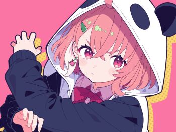 Rule 34 | 1girl, ahoge, animal hood, black hoodie, blush stickers, bow, bowtie, closed mouth, collared shirt, commentary request, crossed bangs, drop shadow, hair between eyes, hood, hood up, hoodie, kerinaharaini, long sleeves, looking at viewer, nijisanji, panda hood, pink background, pink eyes, pink hair, polka dot, polka dot background, red bow, red bowtie, sasaki saku, sasaki saku (1st costume), shirt, short hair, solo, thick eyebrows, upper body, v-shaped eyebrows, virtual youtuber, white shirt