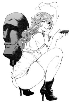 1girl ass boots burustandin cigarette commentary derringer dress eyebrows_hidden_by_hair greyscale gun handgun high_heel_boots high_heels highres holding holding_cigarette holding_gun holding_weapon lupin_iii mine_fujiko monochrome no_panties parted_lips short_dress signature smile smoke solo strap_slip thighhighs weapon