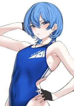 1girl absurdres black_gloves blue_eyes blue_hair blue_one-piece_swimsuit competition_swimsuit fingerless_gloves gloves highres hololive hoshimachi_suisei long_hair looking_at_viewer one-piece_swimsuit si_farid solo star_(symbol) star_in_eye swimsuit symbol_in_eye virtual_youtuber