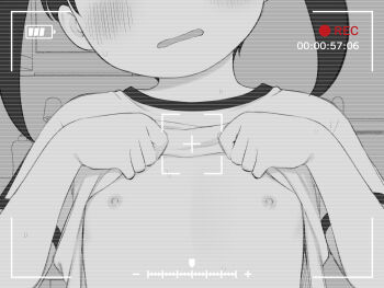 1girl blush character_request clothes_lift commentary_request flat_chest greyscale highres loli meis_(terameisu) monochrome nipples parted_lips recording scanlines shirt_lift solo urayasu_tekkin_kazoku viewfinder