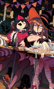 3girls animal_ears bandages bat_(animal) black_gloves blonde_hair blood bottle breasts brown_hair choker cleavage collarbone commentary covered_erect_nipples fang fishnet_thighhighs fishnets gashi-gashi gloves halloween hand_on_another&#039;s_head hat highres jack-o&#039;-lantern large_breasts long_hair multiple_girls nurse_cap open_mouth rabbit_ears rabbit_tail romaji_commentary silhouette striped_clothes striped_thighhighs tail thighhighs umbrella wet witch witch_hat