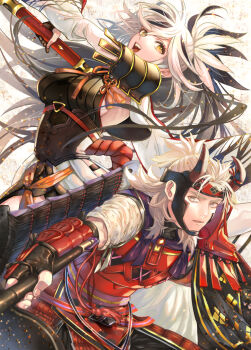 1boy 1girl armor black_hair breasts collar fake_horns fate/grand_order fate_(series) gloves green_eyes hair_between_eyes high_ponytail holding holding_polearm holding_weapon horned_headwear horns japanese_armor large_breasts layered_skirt long_hair long_sleeves looking_at_viewer multicolored_hair nagao_kagetora_(fate) open_mouth polearm ponytail red_armor rope_belt shoulder_armor skirt smile sode spear streaked_hair takeda_shingen_(fate) takeda_shingen_(second_ascension)_(fate) two-tone_hair u-ka_(fukei) uesugi_kenshin_(first_ascension)_(fate) very_long_hair weapon white_hair yellow_eyes