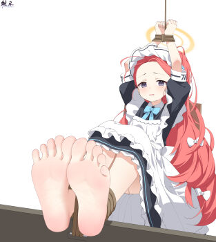 1girl absurdres antenna_hair apron arms_up artist_name barefoot bilingual_commentary black_dress blue_archive blue_bow blue_bowtie blue_ribbon blush borrowed_clothes bound bound_legs bound_wrists bow bowtie chair chinese_commentary collared_dress commentary_request curled_fingers d: dress feet foot_focus forehead frilled_apron frilled_dress frills furrowed_brow hair_bow hair_ribbon halo headdress highres knees_up legs_together long_hair looking_at_viewer maid maid_headdress millennium_science_school_logo mixed-language_commentary mo_moon multiple_hair_bows official_alternate_costume official_alternate_hairstyle on_chair open_mouth orange_halo parted_lips partial_commentary pixiv_id ponytail power_symbol puffy_short_sleeves puffy_sleeves purple_eyes red_hair restrained ribbon short_sleeves simple_background sitting soles solo toes very_long_hair white_apron white_background white_bow white_headdress yuzu_(blue_archive) yuzu_(maid)_(blue_archive)