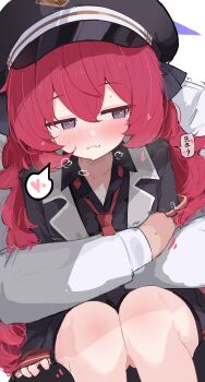 Rule 34 | 1boy, 1girl, absurdres, black coat, black hat, black shirt, blue archive, blue halo, blush, closed mouth, coat, collared shirt, commentary request, fang, fang out, halo, hat, heart, heart in eye, highres, iroha (blue archive), long hair, long sleeves, necktie, nyashiro (sgylk), partial commentary, peaked cap, red hair, red necktie, shirt, skin fang, solo focus, speech bubble, spoken heart, symbol in eye, translation request, wavy hair, white shirt