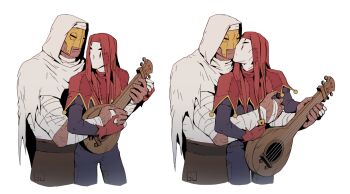 2boys absurdres arms_up bandaged_arm bandaged_chest bandages black_eyes blue_pants blue_shirt capelet commentary couple cropped_legs darkest_dungeon eye_contact fingerless_gloves gloves gwahaeyo half_mask hat highres holding holding_instrument holding_lute hood hood_up hooded_capelet hug hug_from_behind instrument jester_(darkest_dungeon) jester_cap kiss korean_commentary leper_(darkest_dungeon) long_sleeves looking_at_another male_focus mask multiple_boys multiple_views no_pupils pants patchwork_clothes red_capelet red_gloves shirt simple_background smile white_background white_capelet white_hood white_mask yaoi yellow_mask yellow_trim