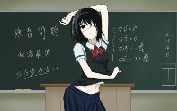 1girl another black_hair blazer board bow chalkboard classroom desk equation ewestein eyepatch female_focus highres jacket looking_at_viewer math midriff misaki_mei monogatari_(series) nisemonogatari pale_skin parody physics red_eyes school school_uniform science short_hair short_sleeves skirt solo translated vest