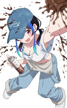 Rule 34 | 1girl, absurdres, aki (yunkana), armpits, baseball cap, black hair, blue bra, blue hat, blue overalls, bra, breasts, can, chocolate, cleavage, colored tips, commentary request, crop top, cropped shirt, denim, denim overalls, english text, fang, foreshortening, from above, full body, hat, highres, holding, holding can, kanojo okarishimasu, large breasts, legs apart, looking at viewer, looking up, medium hair, midriff, mixed-language text, multicolored hair, navel, off-shoulder shirt, off shoulder, one eye covered, open mouth, overalls, pink eyes, polka dot, polka dot bra, shirt, shoes, short sleeves, simple background, single off shoulder, sneakers, solo, spray can, standing, translation request, twintails, underwear, white background, white shirt, white shoes, yaemori mini