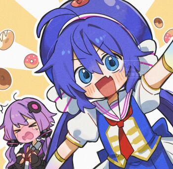 Rule 34 | > <, 2girls, :d, ahoge, artist name, blue eyes, blue hair, blue skirt, blue vest, blush stickers, closed eyes, commentary request, corn kuten, donut, fang, food, hair between eyes, hat, long hair, looking at viewer, multiple girls, necktie, open mouth, otomachi una, outline, purple hair, purple hat, red necktie, sailor collar, shirt, short hair with long locks, short sleeves, skin fang, skirt, smile, sunburst, sunburst background, twitter username, upper body, vest, vocaloid, voiceroid, watermark, white outline, white sailor collar, white shirt, yuzuki yukari