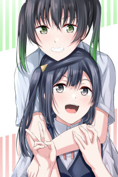 Rule 34 | 2girls, :d, arms around neck, black hair, black vest, collared shirt, commentary, dress shirt, gradient hair, green eyes, green hair, grey eyes, hair ornament, highres, hug, hug from behind, long hair, love live!, love live! nijigasaki high school idol club, medium hair, multicolored hair, multiple girls, neck ribbon, nijigasaki school uniform, one side up, open mouth, pink ribbon, ribbon, school uniform, shirt, short sleeves, smile, summer uniform, takasaki yu, teeth, triangle hair ornament, twintails, upper teeth only, v, vest, white shirt, yuki setsuna, yuuzaki takumi