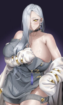 1girl absurdres areola_slip bare_shoulders black_choker blue_lips blush breasts choker cleavage collarbone dress earrings eyeliner fate/grand_order fate_(series) gradient_background grey_dress hair_over_one_eye hand_on_own_chest hand_on_own_hip highres hoop_earrings huge_breasts jacket jewelry long_hair long_sleeves looking_at_viewer makeup mrs._snake_(fate) no_panties off_shoulder pixel_(yuxian) purple_background ribbed_dress sleeves_past_fingers sleeves_past_wrists smile solo sweater sweater_dress tassel temporal_hairline thick_thighs thighs very_long_hair white_hair white_jacket yellow_eyes