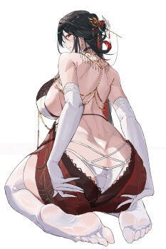 1girl absurdres aether_gazer ass ass_focus backless_dress backless_outfit bare_shoulders black_choker black_hair breasts brooch character_request chinese_commentary choker commentary_request dress elbow_gloves feet from_behind gloves highres huge_breasts jewelry lingguang_(aether_gazer) long_hair looking_at_viewer looking_back no_shoes panties red_dress red_eyes seiza simple_background sitting smile soles solo thighhighs toes underwear white_background white_gloves white_panties white_thighhighs xinlingjitang