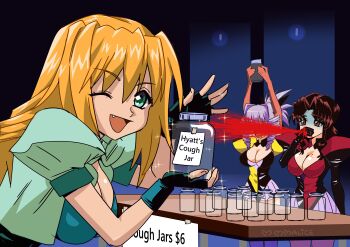3girls absurdres artist_name blonde_hair blood breasts brown_eyes brown_hair cleavage coughing coughing_blood drill_hair elbow_gloves elgala english_text excel excel_saga fang fingerless_gloves gloves green_eyes hair_between_eyes highres holding holding_jar hyatt jar long_hair looking_at_viewer maho_malice multiple_girls one_eye_closed open_mouth purple_hair smile table
